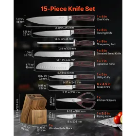 VEVOR Kitchen Knife Set with Block and Sharpener, 15 Piece High Carbon Stainless Steel Knife Set, Rust-Resistant Kitchen Cutlery