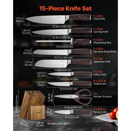 Kitchen Knife Set with Block and Sharpener, 15 Piece High Carbon Stainless Steel Knife Set, Rust-Resistant Kitchen Cutlery with 