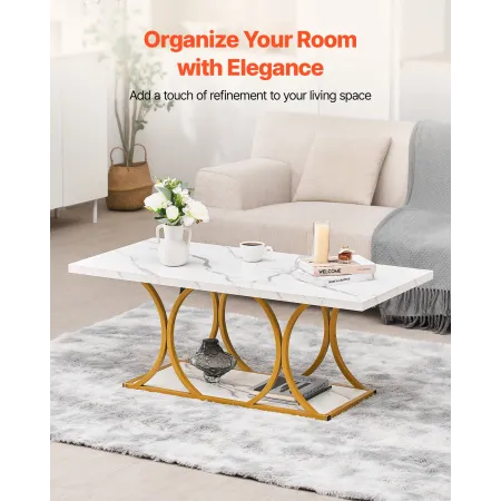 Coffee Table, Modern Faux Marble Coffee Table, Large 2-Tier Rectangle Center Desk with Geometric Legs, Minimalist Sturdy Metal F