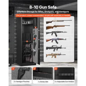 8-10 Gun Safe, Long Gun Cabinet for Rifles and Pistols, Quick Access Rifle Safe with 3 Pistol Pockets and Adjustable Racks, Larg