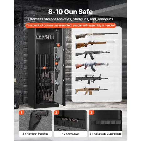 VEVOR 8-10 Gun Safe, Long Gun Cabinet for Rifles and Pistols, Quick Access Rifle Safe with 3 Pistol Pockets and Adjustable Racks