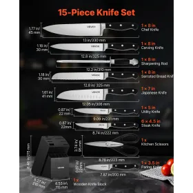 VEVOR Kitchen Knife Set with Block and Sharpener, 15 Piece High Carbon Stainless Steel Sharp Knife Set, Kitchen Cutlery with Cra