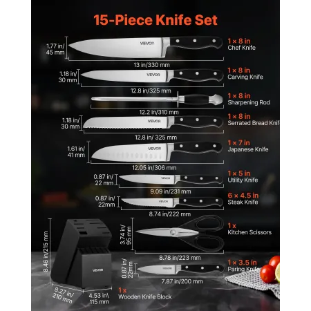 VEVOR Kitchen Knife Set with Block and Sharpener, 15 Piece High Carbon Stainless Steel Sharp Knife Set, Kitchen Cutlery with Cra
