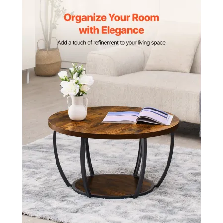 Coffee Table, Modern Round Coffee Table, 2 Tiers Wooden Circle Center Desk with Open Storage, Minimalist Sturdy Metal Frame Acce