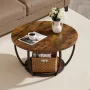 Coffee Table, Modern Round Coffee Table, 2 Tiers Wooden Circle Center Desk with Open Storage, Minimalist Sturdy Metal Frame Acce