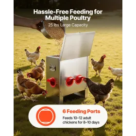 VEVOR Automatic Chicken Feeder, 11.34 kg Capacity, 6 Feeding Ports No-Waste Poultry Feeder, Automatic Gravity, with Handle Latch