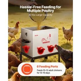 VEVOR Automatic Chicken Feeder, 18.14 kg Capacity, 6 Feeding Ports No-Waste Poultry Feeder with Built-In Divider, with Latch & H