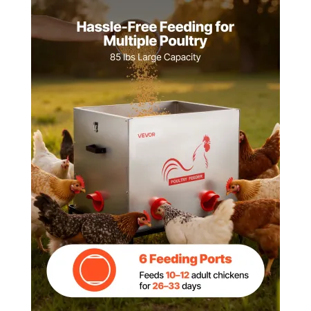 Automatic Chicken Feeder, 38.56 kg Capacity, 6 Feeding Ports No-Waste Poultry Feeder with Built-In Divider, with Latch & Handle,
