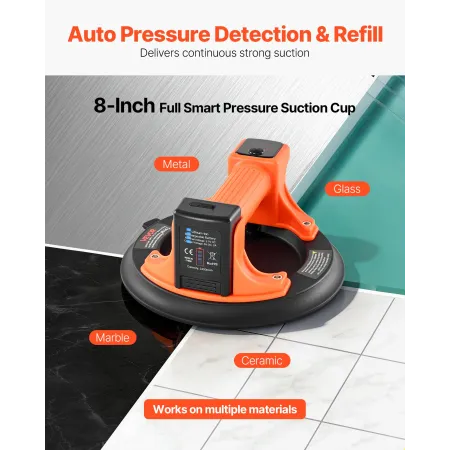 Electric Suction Cup, 203 mm Vacuum Glass Lifter with Digital Display for Suction Power & Battery Level, 200 kg Max Lifting Capa