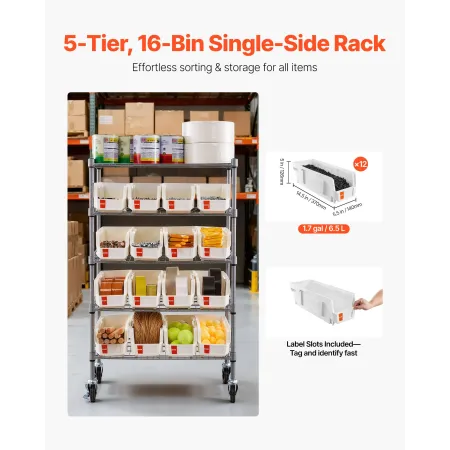 VEVOR 5-Tier Rolling Bin Storage Rack, 16 Organizer Bins, Bin Rack Storage Steel Wire Shelving System with Wheels, Mobile Tool O
