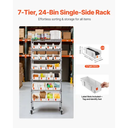 7-Tier Rolling Bin Storage Rack, 24 Small Bins, Bin Rack Storage Steel Wire Shelving System with Wheels, Mobile Tool Organizer f
