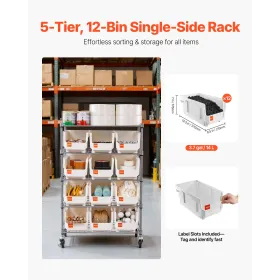 5-Tier Rolling Bin Storage Rack, 12 Organizer Bins, Bin Rack Storage Steel Wire Shelving System with Wheels, Mobile Tool Organiz