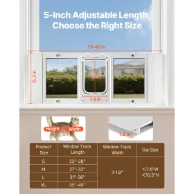 Cat Door for Window, Adjustable to Fit Window Width 889-1016 mm, 4 Secure Lock Modes, Aluminum Frame, High-Transparency Glass, M