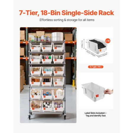 VEVOR 7-Tier Rolling Bin Storage Rack, 18 Organizer Bins, Bin Rack Storage Steel Wire Shelving System with Wheels, Mobile Tool O