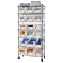 7-Tier Rolling Bin Storage Rack, 18 Organizer Bins, Bin Rack Storage Steel Wire Shelving System with Wheels, Mobile Tool Organiz