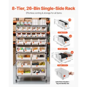 VEVOR 8-Tier Rolling Bin Storage Rack, 26 Organizer Bins, Bin Rack Storage Steel Wire Shelving System with Wheels, Mobile Tool O