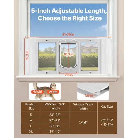 VEVOR Cat Door for Window, Adjustable to Fit Window Width 787-914 mm, 4 Secure Lock Modes, Aluminum Frame and High-Transparency 