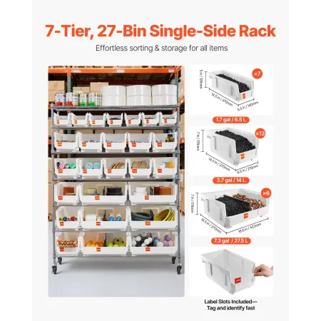 7-Tier Rolling Bin Storage Rack, 26 Organizer Bins, Bin Rack Storage Steel Wire Shelving System with Wheels, Mobile Tool Organiz