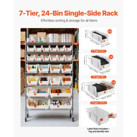 7-Tier Rolling Bin Storage Rack, 24 Organizer Bins, Bin Rack Storage Steel Wire Shelving System with Wheels, Mobile Tool Organiz