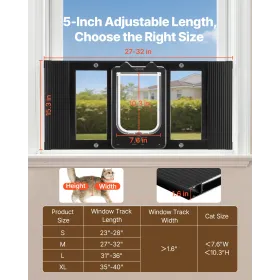 Cat Door for Window, Adjustable to Fit Window Width 686-813 mm, 4 Secure Lock Modes, Aluminum Frame and High-Transparency Glass,