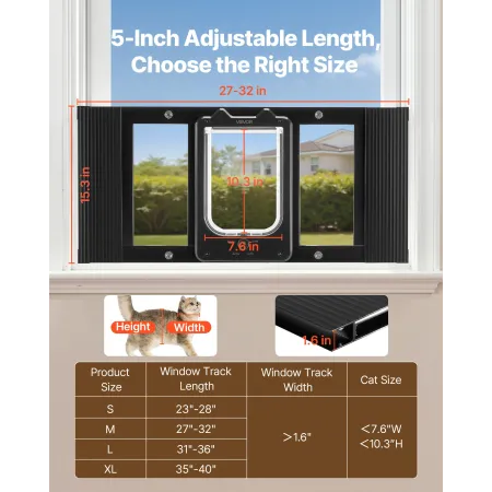 VEVOR Cat Door for Window, Adjustable to Fit Window Width 686-813 mm, 4 Secure Lock Modes, Aluminum Frame and High-Transparency 