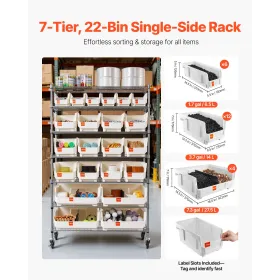 VEVOR 7-Tier Rolling Bin Storage Rack, 22 Organizer Bins, Bin Rack Storage Steel Wire Shelving System with Wheels, Mobile Tool O