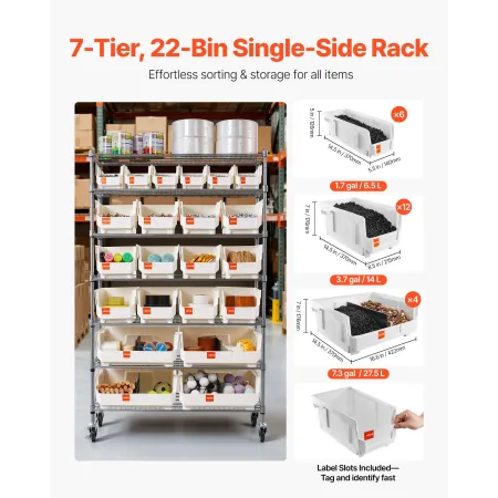 VEVOR 7-Tier Rolling Bin Storage Rack, 22 Organizer Bins, Bin Rack Storage Steel Wire Shelving System with Wheels, Mobile Tool O