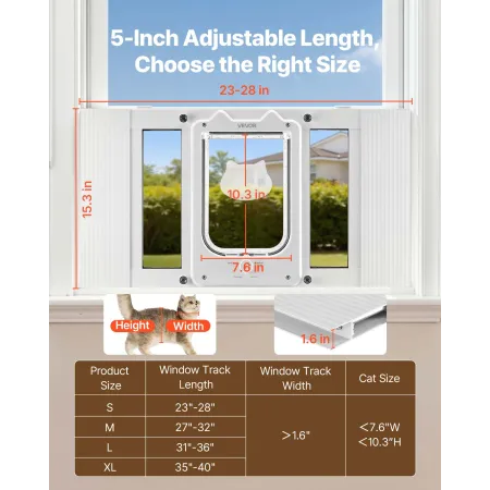 VEVOR Cat Door for Window, Adjustable to Fit Window Width 584-711 mm, 4 Secure Lock Modes, Aluminum Frame and High-Transparency 
