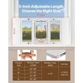 VEVOR Cat Door for Window, Adjustable to Fit Window Width 686-813 mm, 4 Secure Lock Modes, Aluminum Frame and High-Transparency 