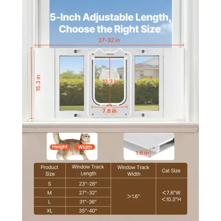 VEVOR Cat Door for Window, Adjustable to Fit Window Width 686-813 mm, 4 Secure Lock Modes, Aluminum Frame and High-Transparency 