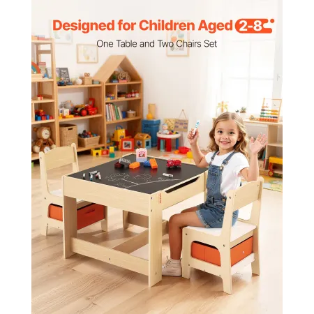 Kids Table and 2 Chairs Set, Toddler Table and Chair Set with Storage Space under the Table, Cloth Storage Box under the Chairs,