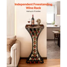 VEVOR 15 flaske vinreol, jern fritstående gulv vinholder, mini bar stand spritskab med træ bordplade, til hjemmet bar, Ki