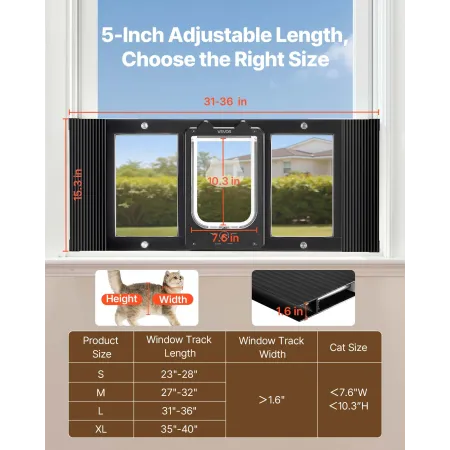 VEVOR Cat Door for Window, Adjustable to Fit Window Width 787-914 mm, 4 Secure Lock Modes, Aluminum Frame and High-Transparency 