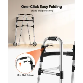 VEVOR Folding Walker, 2-Button Foldable Walker with Solid Wheels & 8-Level Adjustable Height, 159KG Loading Lightweight Aluminum
