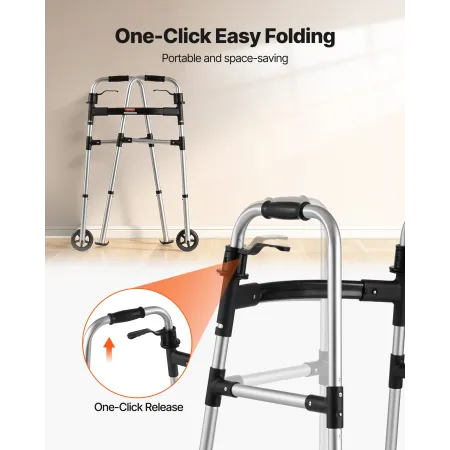 Folding Walker, 2-Button Foldable Walker with Solid Wheels & 8-Level Adjustable Height, 159KG Loading Lightweight Aluminum Mobil