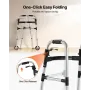 Folding Walker, 2-Button Foldable Walker with Solid Wheels & 8-Level Adjustable Height, 159KG Loading Lightweight Aluminum Mobil