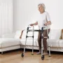 Folding Walker, 2-Button Foldable Walker with Solid Wheels & 8-Level Adjustable Height, 159KG Loading Lightweight Aluminum Mobil