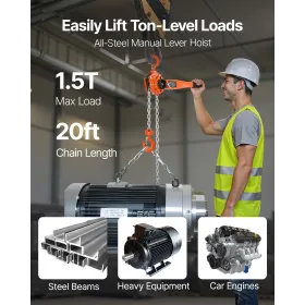 Manual Lever Chain Hoist, 1-1/2T 1500KG Capacity Heavy Duty Come Along, 6M Lift G80 Alloy Steel Chain With Dual Pawl Mechanical 