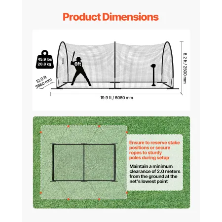 VEVOR Baseball Batting Cage, 6060 x 3660 x 2500mm Freestanding Portable Batting Cage, Hitting Cages with 30-Ply Knotted HDPE & P