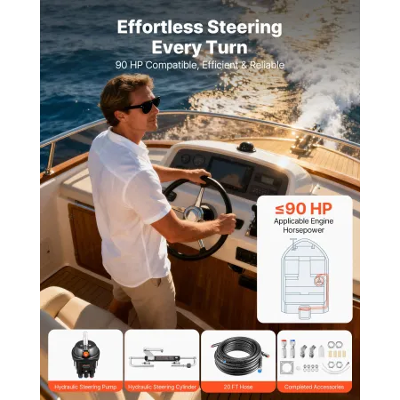 VEVOR Hydraulic Steering Kit, 70kW (90 HP), Marine Boat Hydraulic Steering System, med 6,9 MPa/1000 psi styrepumpe, to-vejs lås