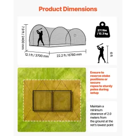 VEVOR baseball batting-bur, 6780 x 3700 x 2400 mm fritstående bærbart batting-bur, slagbure med 4-lags knudefri polyester