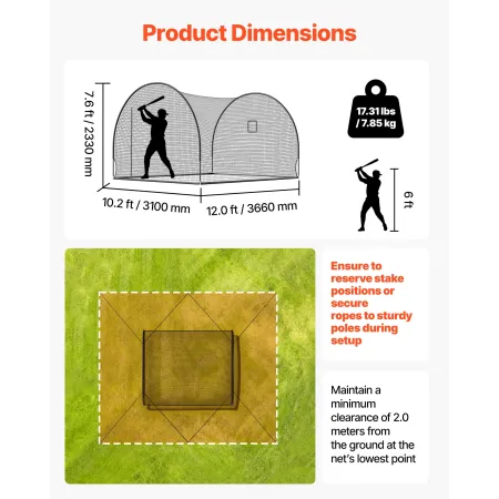 VEVOR Baseball Batting Cage, 3660 x 3100 x 2330mm Freestanding Portable Batting Cage, Hitting Cages with 4-Ply Knotless Polyeste