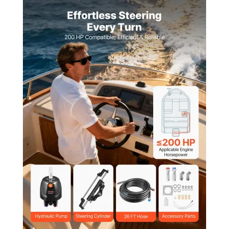 Hydraulic Steering Kit, 150kW (200 HP), Marine Boat Hydraulic Steering System, with 6.9 MPa/1000 psi Helm Pump, Two-Way Lock Cyl