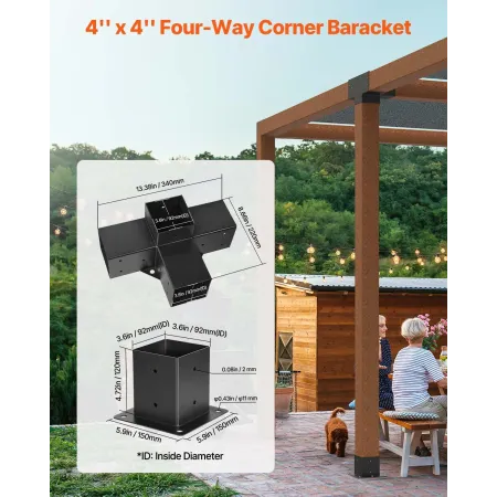 VEVOR Pergola beslagsæt, 4x4 tommer (indre størrelse 92 x 92 mm), 2 stk 4-vejs kraftigt hjørnebeslag Woodworks DIY