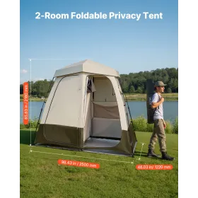 VEVOR Camping Shower Tent, 2-Room Foldable Privacy Tent Changing Room with Ground Stakes, Ropes, Carry Bag, and Crossbar, 150D O