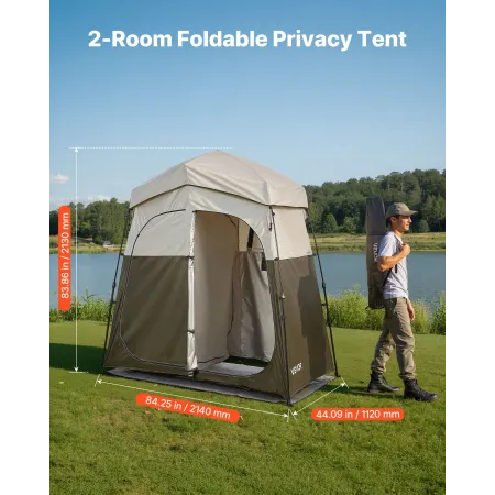 VEVOR Camping Shower Tent, 2-Room Foldable Portable Privacy Tent Changing Room with Ground Stakes, Ropes, and Carry Bag, 150D Ox