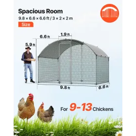 Metal Chicken Coop, 9.8x6.5x6.5ft Large Walk-in Chicken Runs with Cover, Doom Roof Hen House Enclosure with Security Lock, Outdo