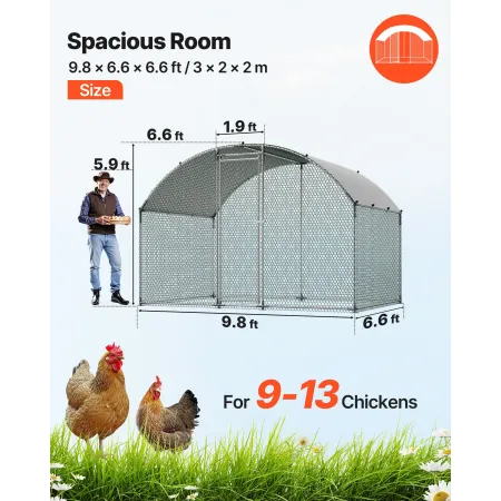 VEVOR Metal Chicken Coop, 9.8x6.5x6.5ft Large Walk-in Chicken Runs with Cover, Doom Roof Hen House Enclosure with Security Lock,