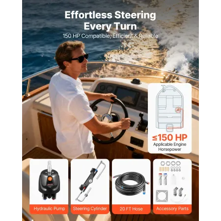 VEVOR Hydraulic Steering Kit, 110kW (150 HP), Marine Boat Hydraulic Steering System, med 6,9 MPa/1000 psi styrepumpe, to-vejs Lo