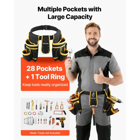 VEVOR Tool Belt, Magnetic Tool Pouch for Men, 28 Pockets Heavy Duty Adjustable Utility Belt Detachable Bag for Electrician, Carp